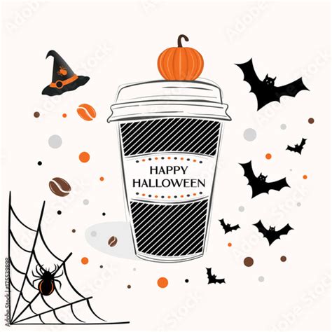 Happy Halloween Sign Text Over Paper Coffee Cup With Abstract Coffee