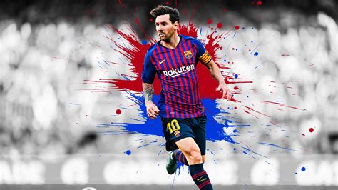 Lionel Messi In Blue Red Paint Background Is Wearing Red Blue Striped