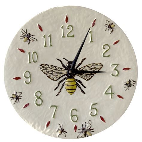 Honeybee Ceramic Wall Clock In White Glaze Background By Beth Sherman