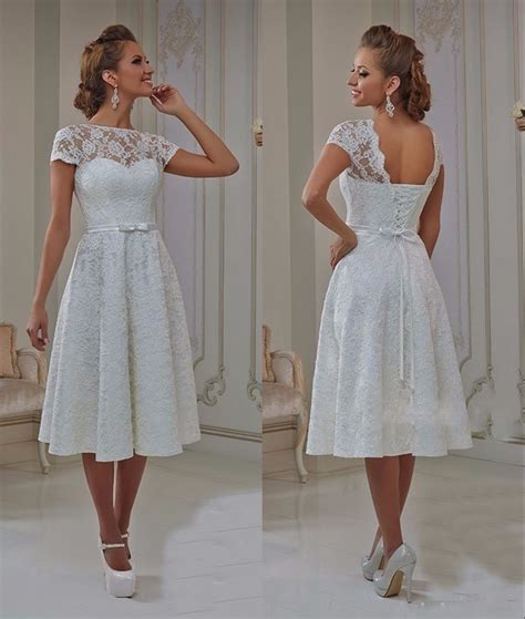 149 0us Vintage Lace Tea Length Short Wedding Dresses With Cap Sleeves A Line Open Back 1960s