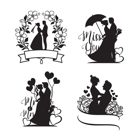 Set Of Bride And Groom Silhouette Illustration Happy Couple 3254287