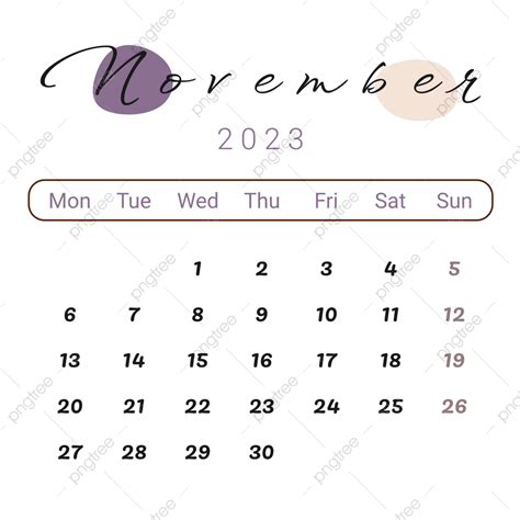 Calendario Estético De Noviembre De 2023 Con Manchas Moradas Png
