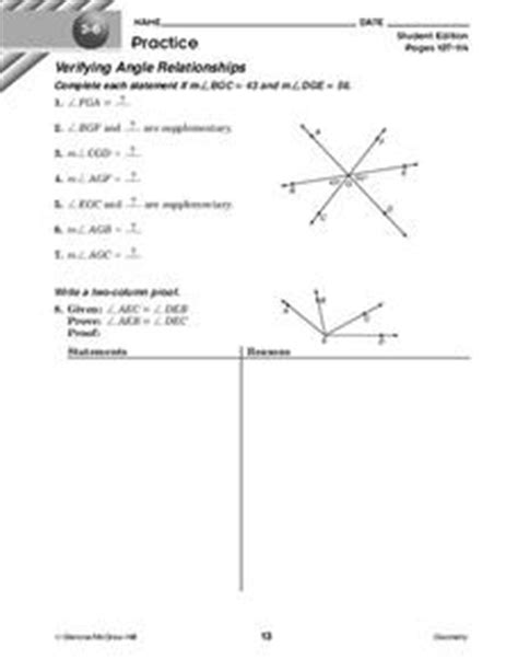 Fill in the correct angle. Verifying Angle Relationships Worksheet for 10th Grade ...