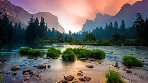 Download Wallpaper 1366x768 Sunrise Yosemite National Park Stream