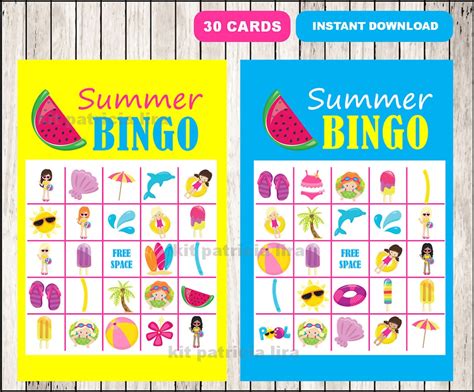 Printable 30 Summer Bingo Cards Instant Download Beach Party Etsy