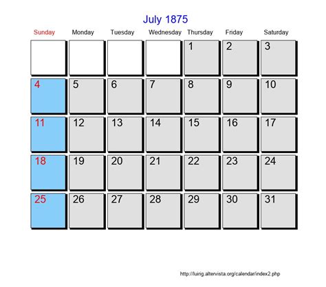 July 1875 Roman Catholic Saints Calendar