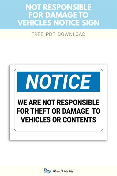 Printable Not Responsible For Damage To Vehicles Notice Sign Template