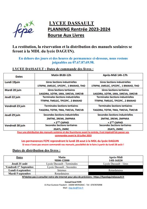 Planning 2023 2024 Bourse Aux Livres Dassault Fcpe LycÉe Daguin Dassault