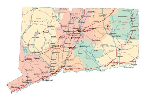 Large Administrative Map Of Connecticut State With Roads Highways And