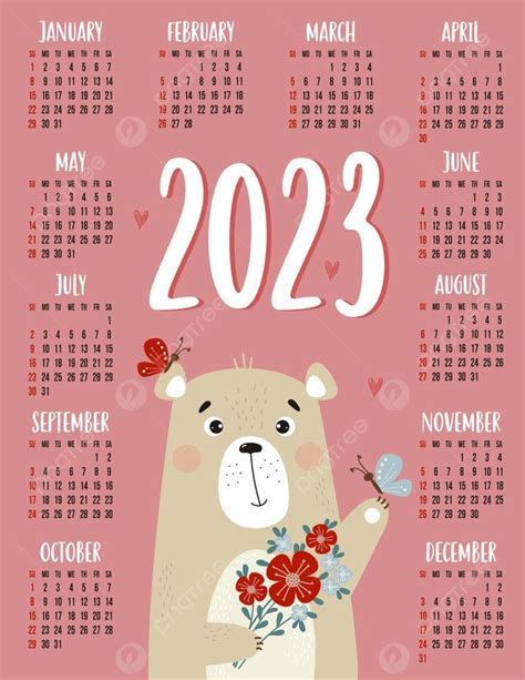 Gambar Kalender Untuk Tahun 2023 Dengan Beruang Lucu Dengan Karangan