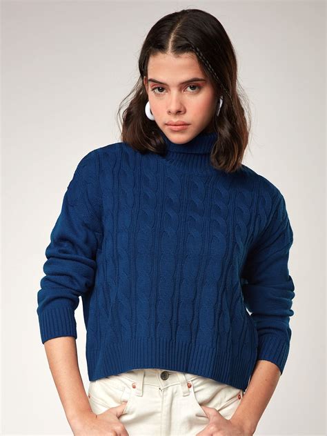 Buy Solids Electric Blue Women Turtle Neck Sweaters Online