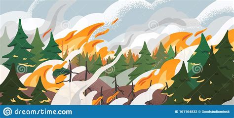 Forest Fire Flat Vector Illustration Dangerous Wildfire In Siberian