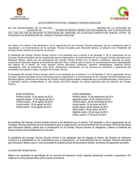 Acta Constitutiva Del Consejo TÉcnico Escolardocx Jardín De Infancia