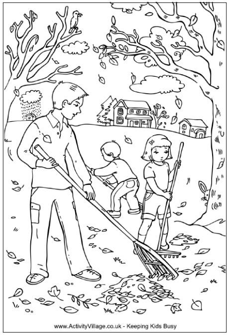 Raking Leaves Colouring Pages