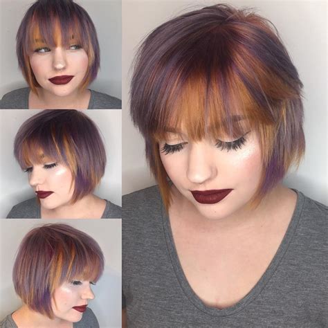 Purple And Copper Streaked Layered Bob With Feathered