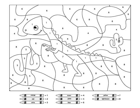 Print the pdf file with the free color by number printables and you are ready to reveal the fish, dolphin, island, whale, turtle, and other mystery pictures as children work on number recognition! Dinosaur Color By Number Printables