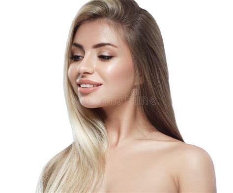 Beautiful Woman Face Blonde Hair Portrait Close Up Studio On White Long