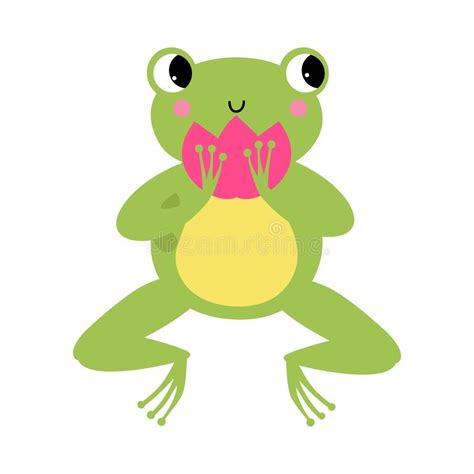 Funny Green Frog With Protruding Eyes Holding Waterlily Flower Vector