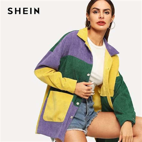 Shein Casual Multicolor Cut And Sew Pocket Front Corduroy Single