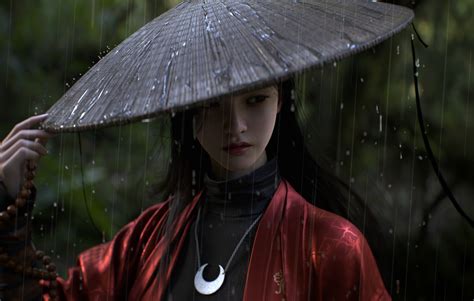 Kim Yeong Gyu Women Looking Away Looking Sideways Long Hair Cgi Samurai Hat Necklace