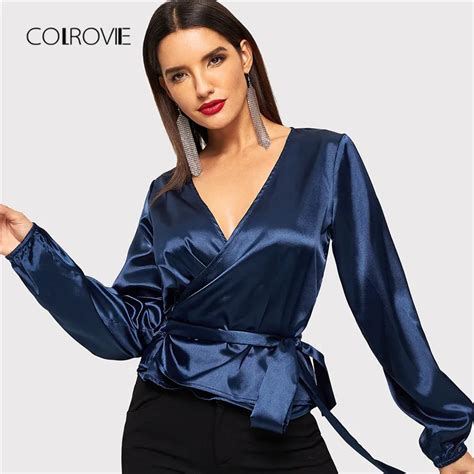 colrovie blue v neck belted knot satin wrap work wear blouse shirt women clothes 2018 winter
