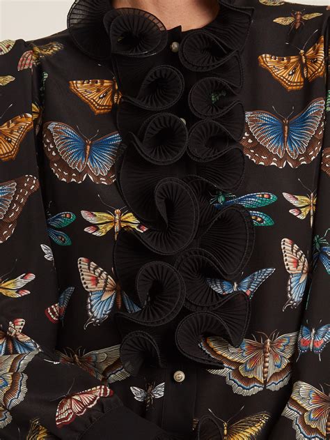 Gucci Butterfly Print Ruffled Silk Blouse In Black Lyst