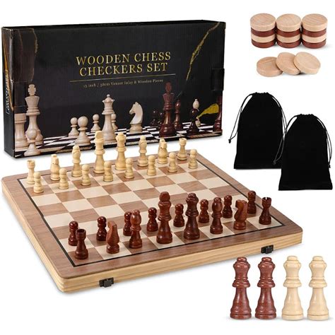 Fine Wooden Chess Checkers Set Magnetic 2 In 1 School Mall