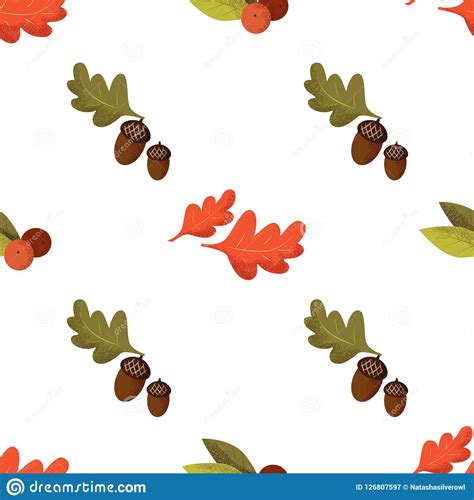 Seamless Pattern With Acorns Berries And Autumn Oak Leaves On W Stock