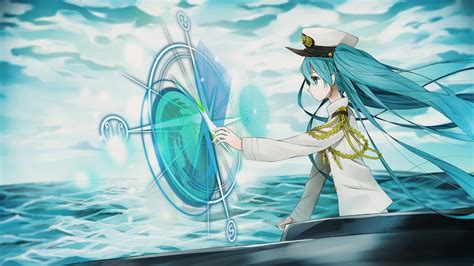 Long Hair Anime Anime Girls Hatsune Miku Vocaloid Aqua Hair Aqua Eyes Clouds Hat