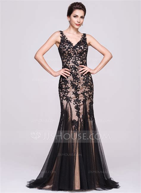 Trumpetmermaid V Neck Sweep Train Tulle Evening Dress With Appliques
