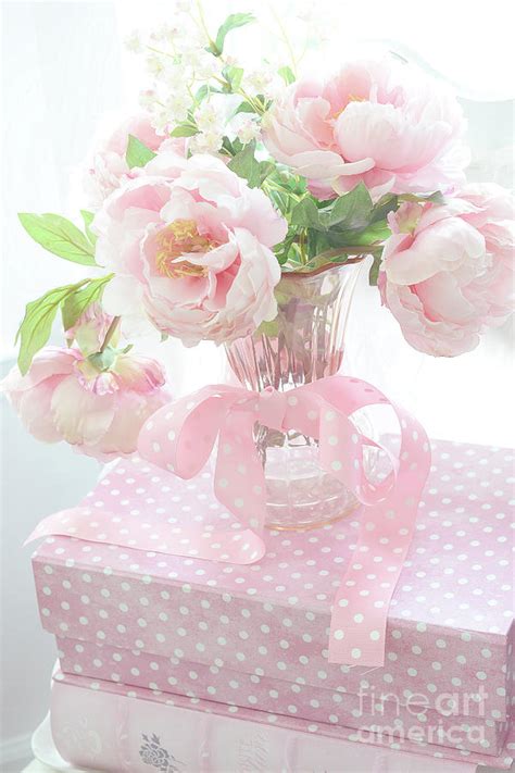 Dreamy Shabby Chic Cottage Pink Peonies In Vase Romantic Pink Peonies