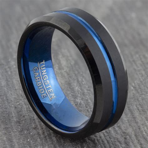 Mens 8mm Black Tungsten Ring With Polished Blue Groove Vincent Faith