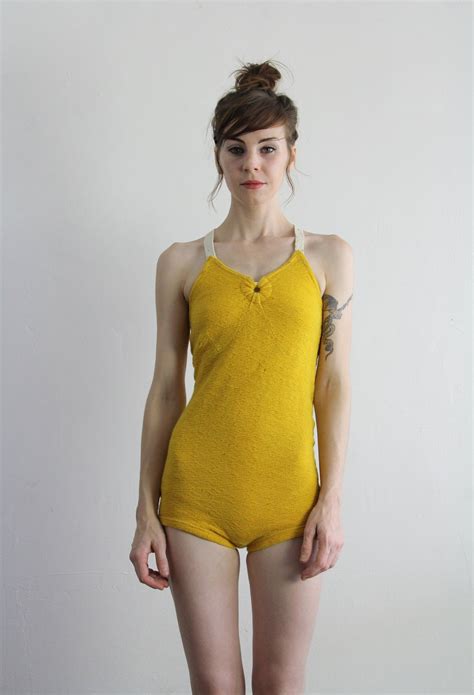 Vintage 40s Swimsuit Yellow White Bathing Suit 1940s Pin Hot Sex Picture