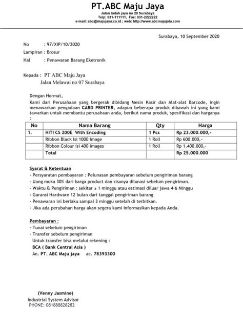Contoh Surat Penawaran Harga Barang Material : Contoh Surat Penawaran