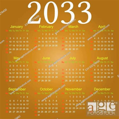 Simple Vector Calendar For 2033 With All The Months Stock Vector