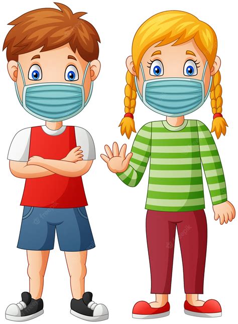 desenhos animados de crianças usam máscara protetora contra vírus ilustração vetor premium