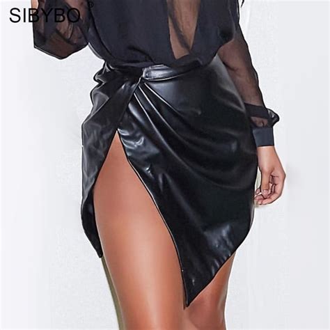 buy sibybo open slit pu leather sexy skirts womens fashion high waist irregular