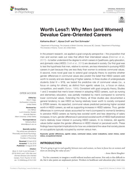 Pdf Worth Less Why Men And Women Devalue Care Oriented Careers