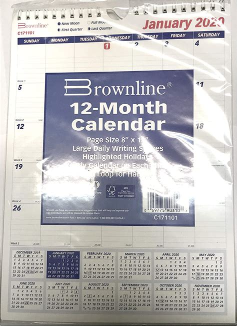 Brownline C171101 2020 Monthly Wall Calendar For Year 2020