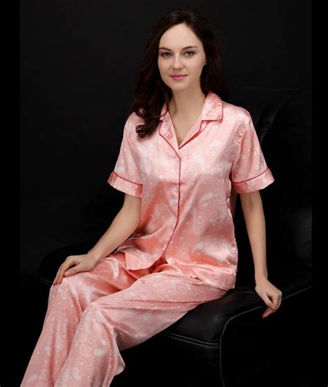 Women Pajamas Summer Style Print Silk Short Sleeve Top Pants Pajamas Set Satin Pijama Women