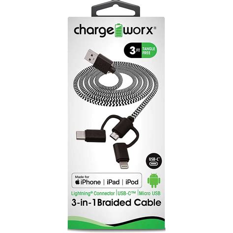 Chargeworx 3 In 1 Braided Usb Cable Micro Usb Lightning Type C