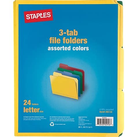 Staples Colored Top Tab File Folders 3 Tab Assorted Colors Letter