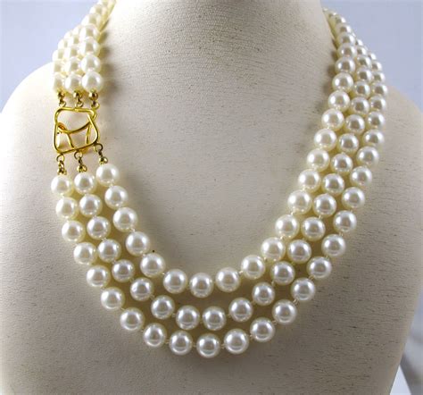 K Three Strand Pearl Necklace Vintage Signed K Dm Lind Triple Strand Pearls Heavy Hand