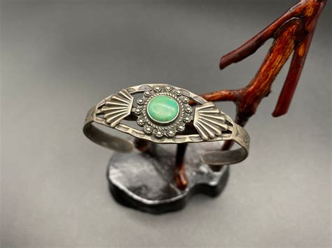 Vintage Navajo Sterling Silver Turquoise Stampwork Arrow Cuff Etsy
