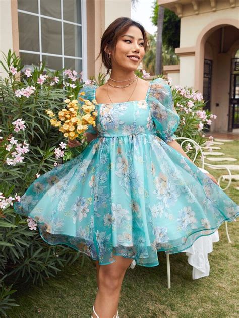 shein floral square neck puff sleeve organza dress organza dress pretty dresses fancy dresses