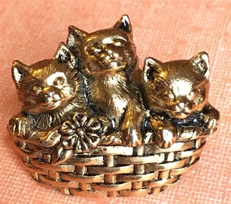 Vintage Cat Pin Avon Three Kittens Basket Of Love Gold Lapel Etsy