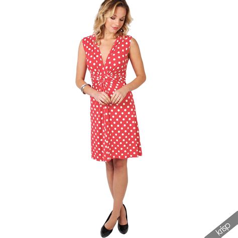 Womens Polka Dot Print Twist Knot Front V Neck Mini Swing