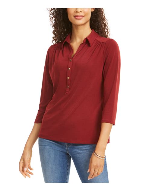 Charter Club Womens Burgundy 34 Sleeve Collared Top Size L
