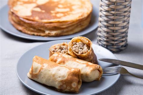 Traditional Russian Pancakes With Meat Stock Photo Image Of Carnival