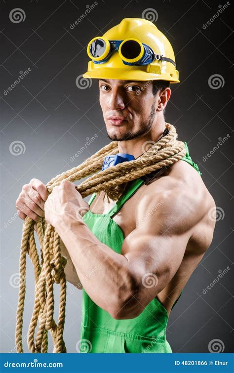 Ripped Muscular Builder Man Stock Photo Image Of Hardhat Mechanic